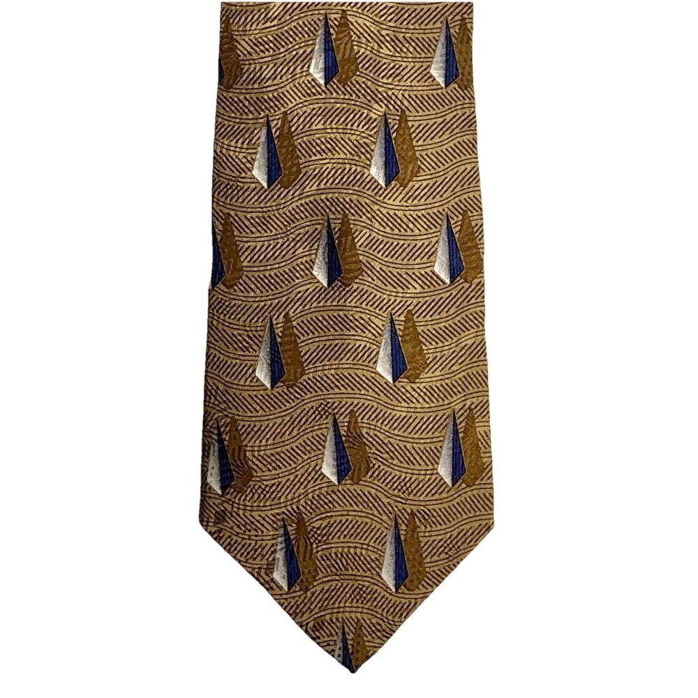 BILL BLASS Black Label Men's Silk Tie Gold Blue Diamond Pendants Waves 56.5"x 4"